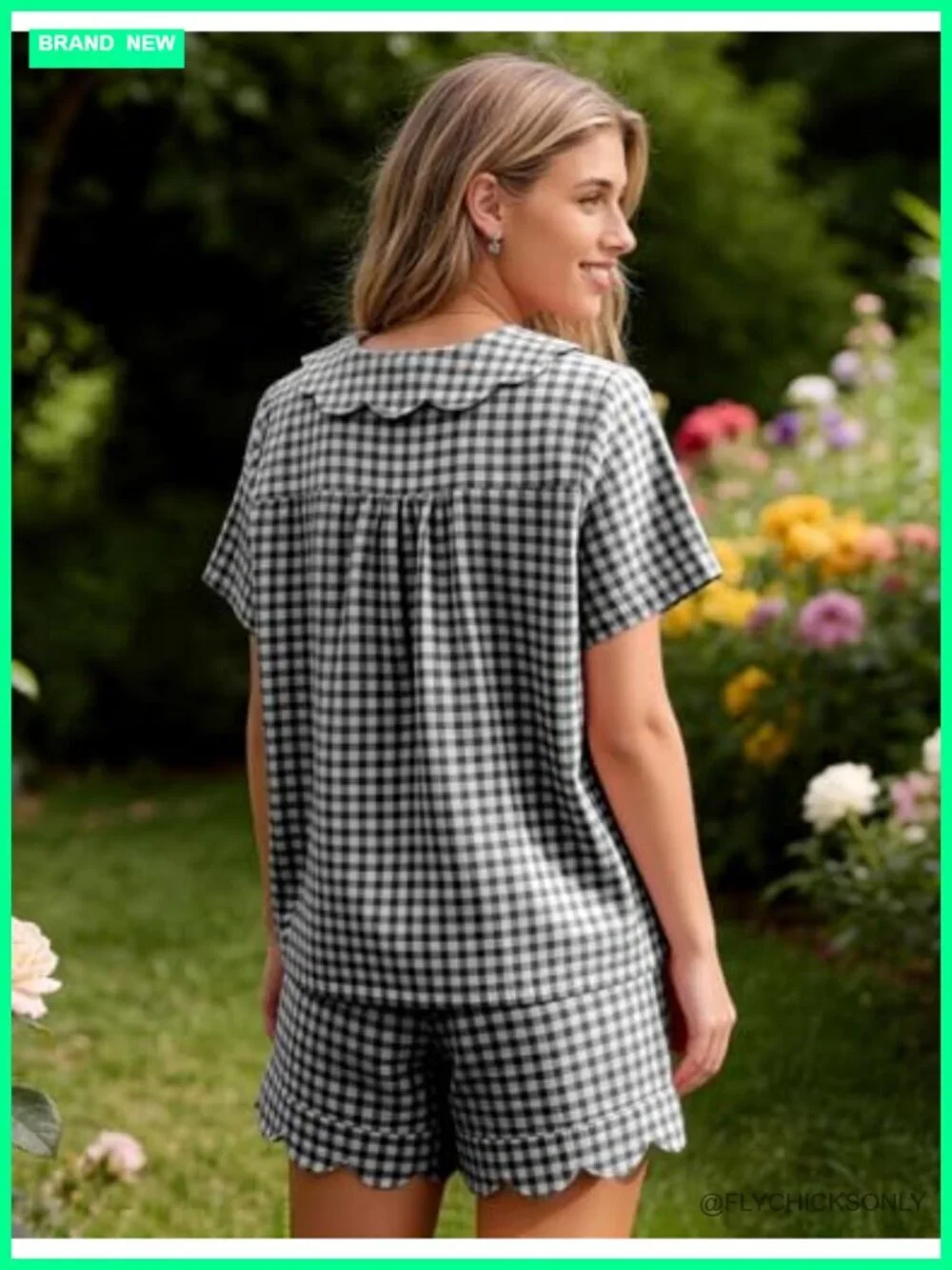 Gingham Pajama Set Cotton Scalloped Collar Pjs Shorts Lounge Set